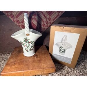 Living Quarters Holly Christmas Porcelain Basket 9.5 Inch Holiday Decor w/Box